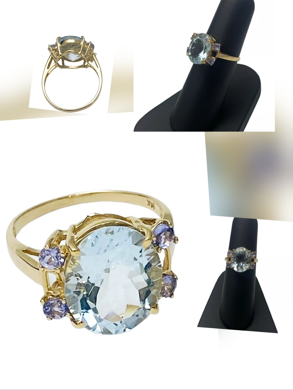 14k Yellow GOLD Ring 10x12mm Oval Aquamarine Tanzanite Sz 7.75 Designer Vintage